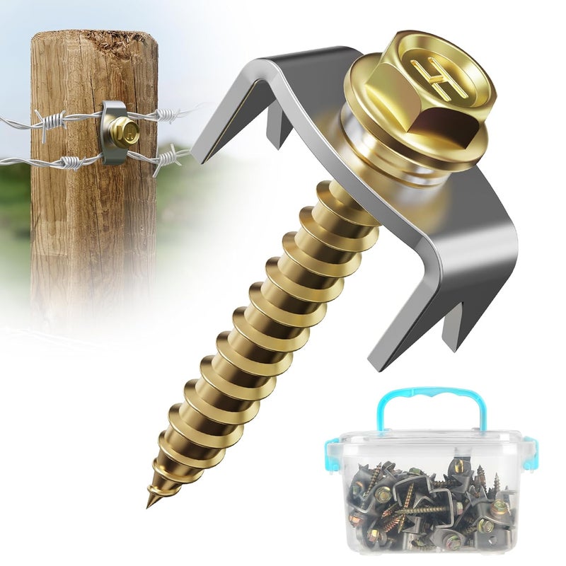 Dabolang 50 PCS Wire Fence Staples with Wire Fixer, Fence Fasteners for Wire Fencing, Fence Post Screws for Softwoods, Reuse/Easy Remove Fence Nails for Mesh and Woven Fencing Repair - Image 1